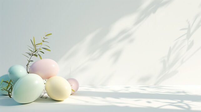 A corporate Easter graphic featuring a sophisticated palette of soft pastels, with 3D-rendered Easter eggs adorned with the  logo, set on a minimalist white backgrd, blank space for text or logos.
