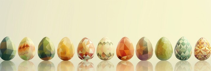 A corporate Easter web banner, showcasing an array of geometrically patterned Easter eggs in a row, against a soft, professional backdrop with room for slogan or contact info. 