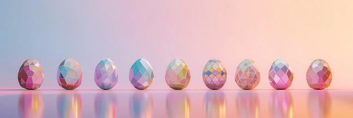 A corporate Easter web banner, showcasing an array of geometrically patterned Easter eggs in a row, against a soft, professional backdrop with room for slogan or contact info. Blank space at the top f