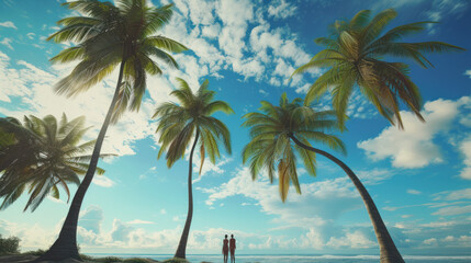 Naklejka premium Commercial photography, located by the blue seaside, coconut trees