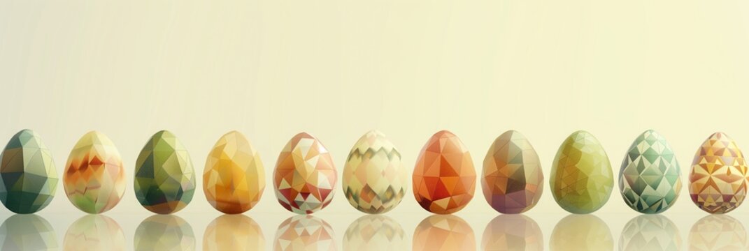 A corporate Easter web banner, showcasing an array of geometrically patterned Easter eggs in a row, against a soft, professional backdrop with room for slogan or contact info. 