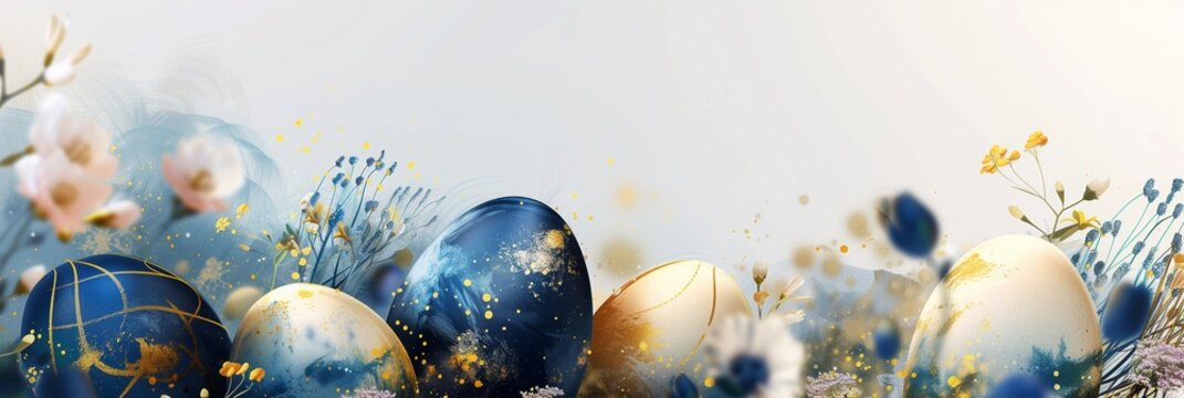 A dynamic corporate Easter banner, with abstractly painted Easter eggs in dark blue, beige and gold colors, against a backdrop of spring flowers and clear sky. Blank space at the top for custom msg 
