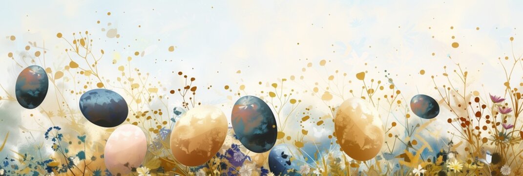 A dynamic corporate Easter banner, with abstractly painted Easter eggs in dark blue, beige and gold colors, against a backdrop of spring flowers and clear sky.Blank space at the top for custom msg 