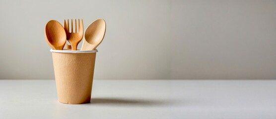 Wooden forks and spoons in paper cup. ecology, zero waste concept. copy space. Banner 