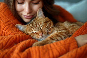 Young woman wearing a vibrant orange sweater, gently cradles a cat in her arms.
