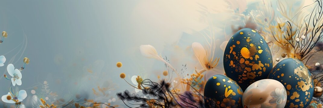 A dynamic corporate Easter banner, with abstractly painted Easter eggs in dark blue, beige and gold colors, against a backdrop htof spring flowers and clear sky. Blank space at the top for custom msg 