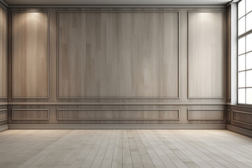 Empty room interior with wooden lacquered grey panels on the walls, laminate flooring in classic style, business cabinet at home - obrazy, fototapety, plakaty