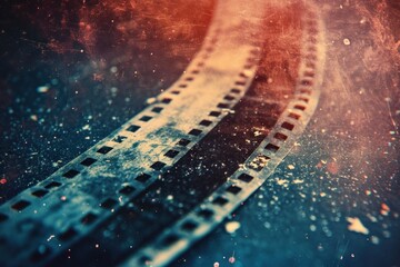 Abstract film frame texture background with scratches, grain and light leak, vintage blue red gradient and small dust particles. - obrazy, fototapety, plakaty