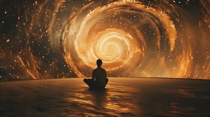 A solitary figure gazes upon a mesmerizing vortex of light, surrounded by the quiet stillness of the outdoor night