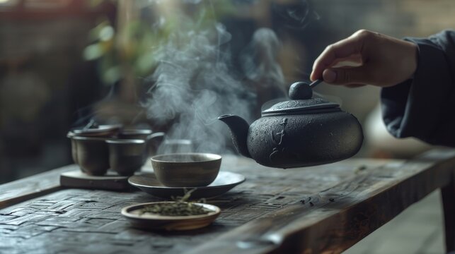 A cozy morning scene unfolds as a person carefully pours hot tea from a ceramic teapot into a cup, surrounded by a spread of elegant kitchenware on the table