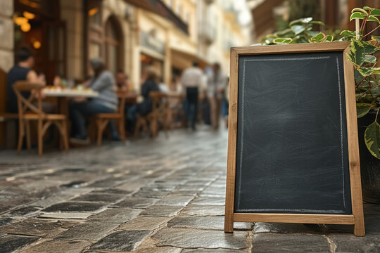 Blackboard near outdoor cafe on pavement street of city on blurred background. Mock up board for menu text or advertising