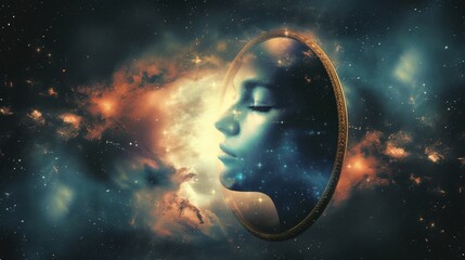 Obraz premium A reflection of a woman's face in a mirror captures the vastness and wonder of the universe, with a screenshot of outer space revealing stunning astronomical objects like nebulae and galaxies, all en