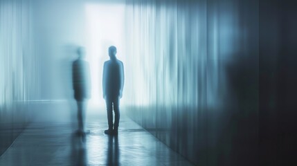 Amidst the thick fog, two figures stand in the dimly lit hallway, their silhouettes merging with the shadows, creating an eerie and mysterious atmosphere