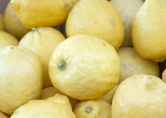 Close up of organic eureka lemons on display for sale at fruit stand. Fresh summer fruit.