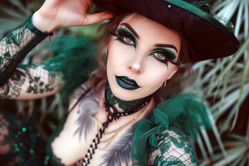 Fototapeta premium A pretty female donning a leprechaun hat and green makeup, embracing the spirit of Patrick's Day in Ireland