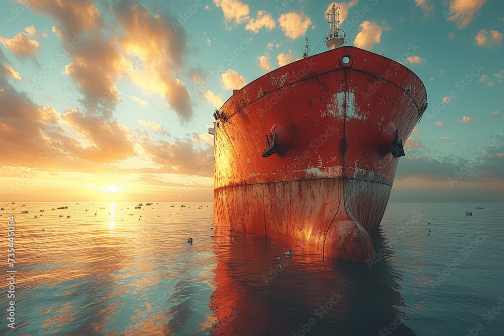 Poster A cargo boat moored at a harbor, showcasing the importance of water transport in trade. Concept of maritime logistics. Generative Ai.