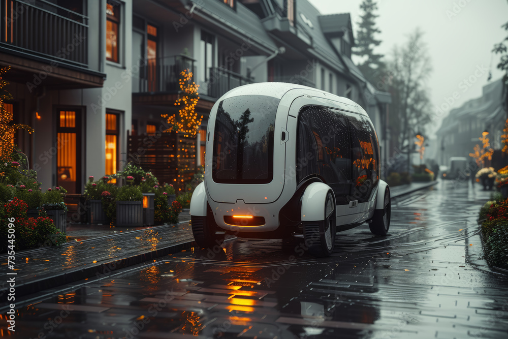 Poster a futuristic autonomous delivery vehicle navigating through a suburban neighborhood. concept of auto
