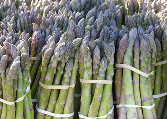Close up on bundles of fresh picked asparagus for sale at farmer's market.