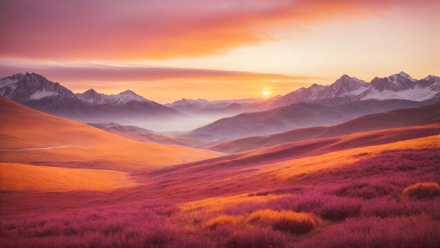 Mountain scenery in purple and orange during a sunset. Calm place.