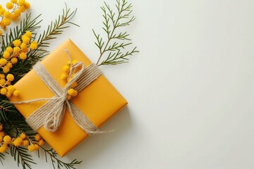 Yellow gift box with bow for woman and mimosa branch decoration with copy space. Women's Day or Mother's Day concept.