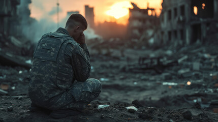 Prayer amidst devastation, soldier finds solace in the ruins of war
