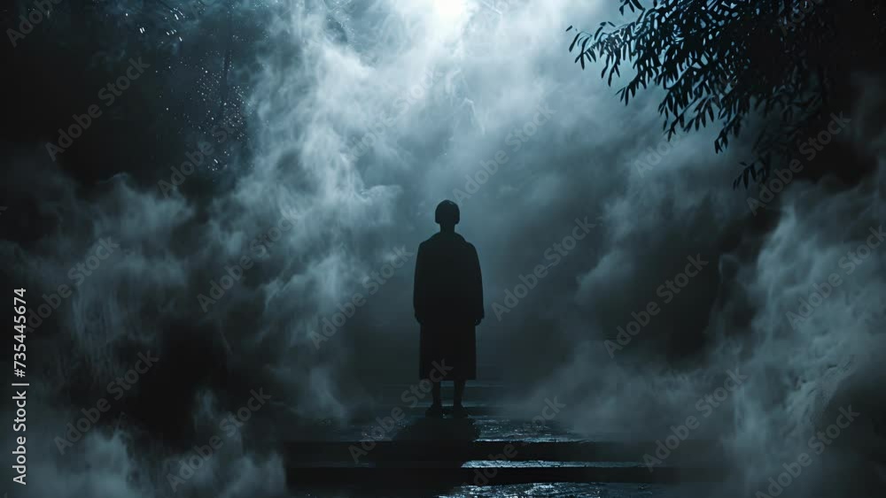 Wall mural a mysterious figure bathed in smoke steps into the frame accompanied by a haunting synthesizer track