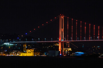 Fototapeta na wymiar Photo of Ortakoy Mosque and the Bosphorus. View of Istanbul on a beautiful cloudy evening with Ortakoy Mosque, Bosphorus Bridge.