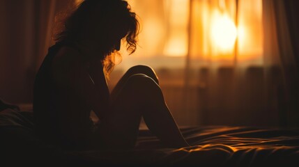 A woman sits in a warm, sunlit room, her face obscured by the backlighting and the sheer curtain, as the sun sets behind her