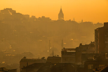 Environmental pollution concept of smog covered Istanbul cityscape