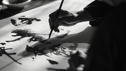 A skilled artist delicately captures the beauty of a monochrome flower in a stunning indoor photograph, using only a brush and paper to bring the scene to life