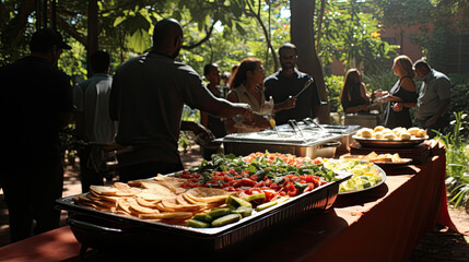 Joyful group of friends and family gather together around lavishly adorned table, brimming with array of delectable dishes and succulent treats, celebrating joy of togetherness through food