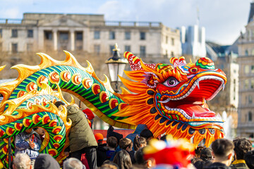 Dragon dance during Chinese lunar year celebrations in London, England