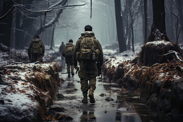 Determined group of men traverses snow-covered road, forging ahead with unwavering resolve and strength - obrazy, fototapety, plakaty