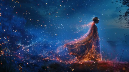Obraz na płótnie Canvas In the stillness of the night, a woman in a fiery dress illuminates the sky with sparks, surrounded by the beauty of nature and the twinkling stars