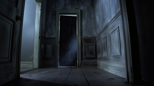 A dimly lit building with an open door invites you into its mysterious depths, where the darkness covers the floor and the unknown lurks within