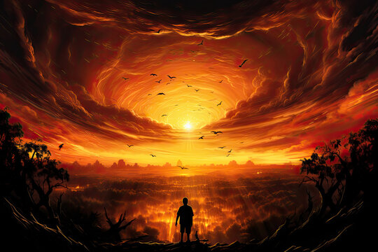 A mesmerizing painting captures the essence of a lone man standing in front of a magnificent sunset, evoking a sense of wonder and introspection.