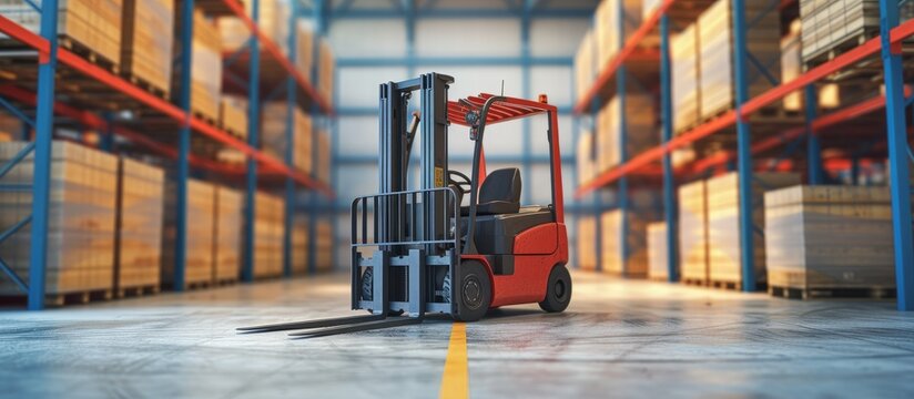 A fork truck parked in a busy warehouse surrounded by stacked crates and pallets