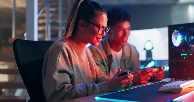 Man, woman and video game with controller for live streaming for online entertainment, competition or subscription. Couple, playing and internet network in basement with neon lights, virtual or fun