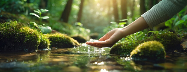 A human hand gently touching the surface of a clear forest stream, with sunlight filtering through the dense foliage of a peaceful woodland. - obrazy, fototapety, plakaty
