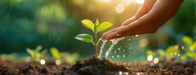 A caring hand watering a young sapling planted in fertile soil, with droplets of water and sunlight highlighting the importance of nurturing growth. Earth day. - obrazy, fototapety, plakaty