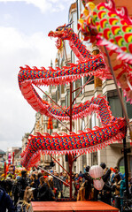 Dragon dance during Chinese lunar year celebrations in London, England