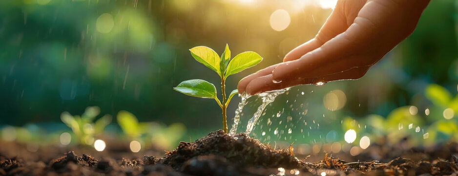 A caring hand watering a young sapling planted in fertile soil, with droplets of water and sunlight highlighting the importance of nurturing growth. Earth day. - Powered by Adobe