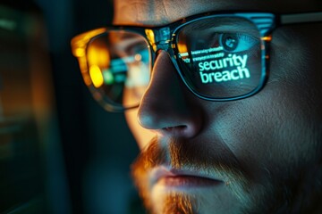 Cybersecurity Concept, Security Breach Reflection in Glasses on Man by Computer Monitor - obrazy, fototapety, plakaty