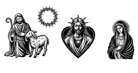 Jesus life evangelical scenes. Linocut set vector illustration 