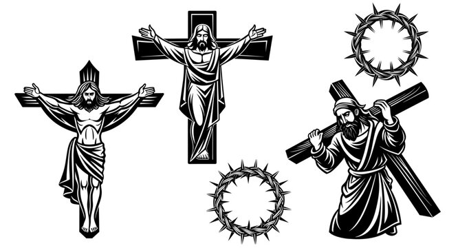 Jesus Christ carrying the cross. Vector linocut art illustration set 