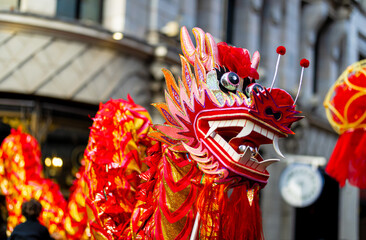 Dragon dance during Chinese lunar year celebrations in London, England