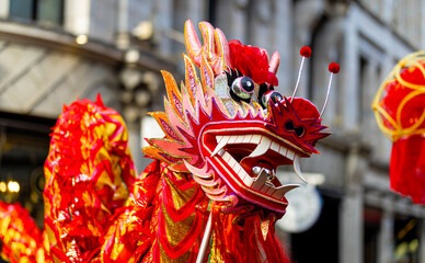 Dragon dance during Chinese lunar year celebrations in London, England