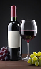 Fototapeta premium A bottle of wine and a wine glass next to a bunch of grapes
