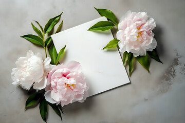 Serene Peony Stationery Mockup. Fresh peonies elegantly arranged around a blank card, perfect for sophisticated design presentations.