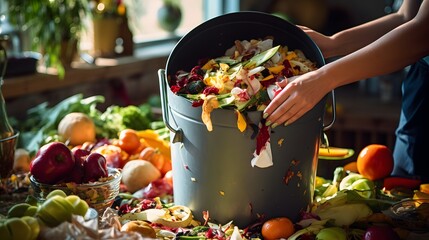 kitchen waste with fruit peels, grated vegetables, white bucket peels, hand. a kitchen decorated...